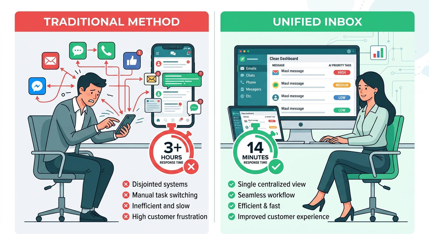 传统多平台管理 vs 统一收件箱响应时间对比