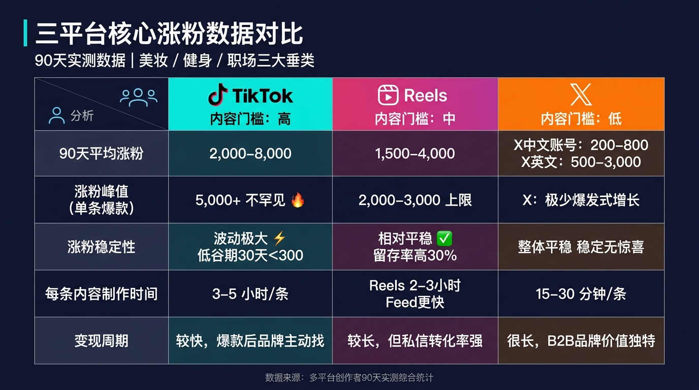 三平台核心涨粉数据对比表(90天实测 · 美妆/健身/职场)