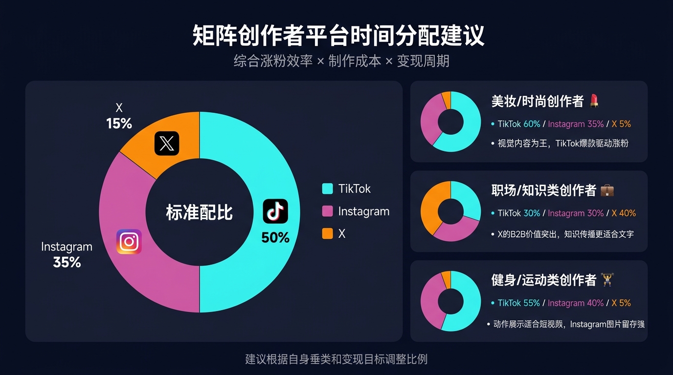 矩阵创作者平台时间分配建议(TikTok 50% / Instagram 35% / X 15%)
