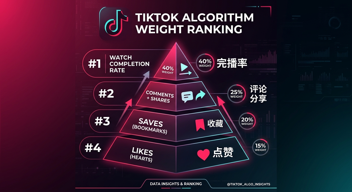 TikTok算法互动行为权重排名：完播率>评论>分享>收藏>点赞