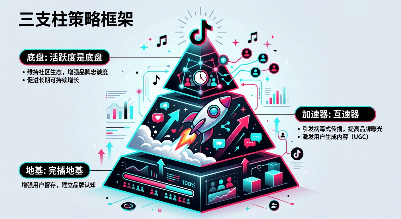 品牌账号TikTok内容策略三支柱：完播率是地基、互动是加速器、活跃度是底盘