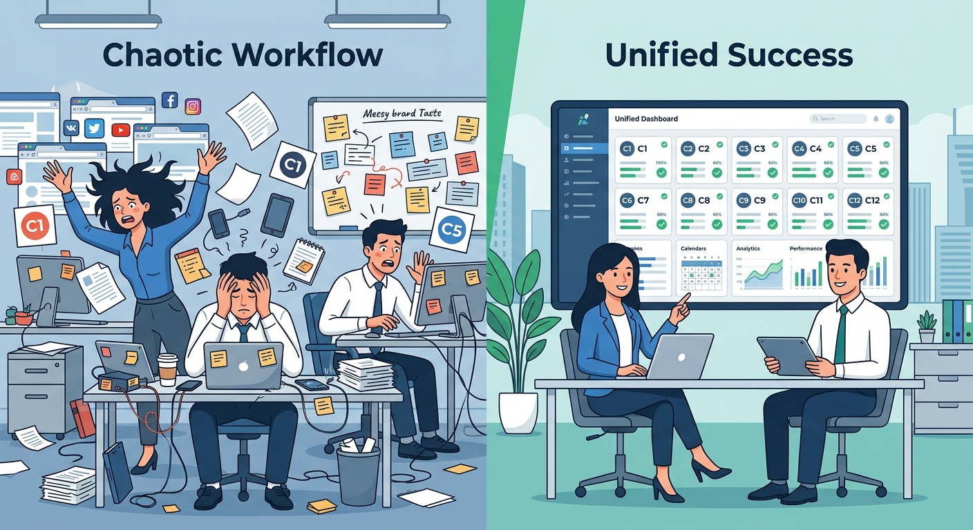 两家代运营公司的工作场景对比——左边3人忙到崩溃，右边2人从容管理12个客户