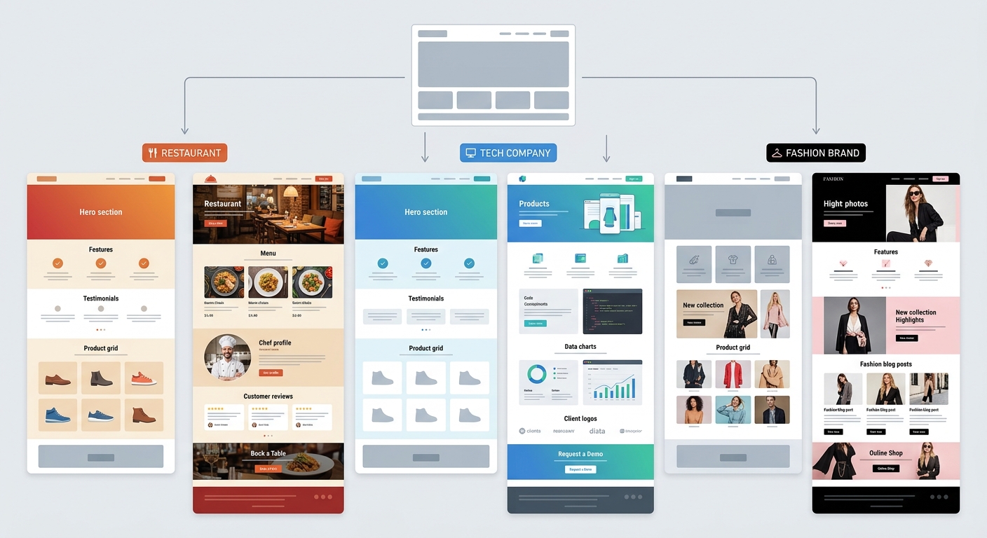 内容框架复用示意图——同一套结构模板应用于3个不同行业客户的对比展示
