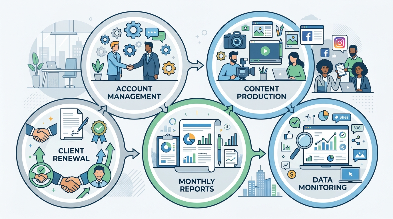 代运营机构5模块工作流全景图——从账号管理到续费维护的完整闭环