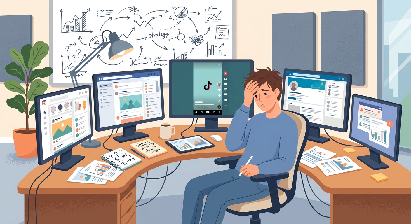 一名运营人员面对多个屏幕和APP，表情茫然，背景是会议室白板