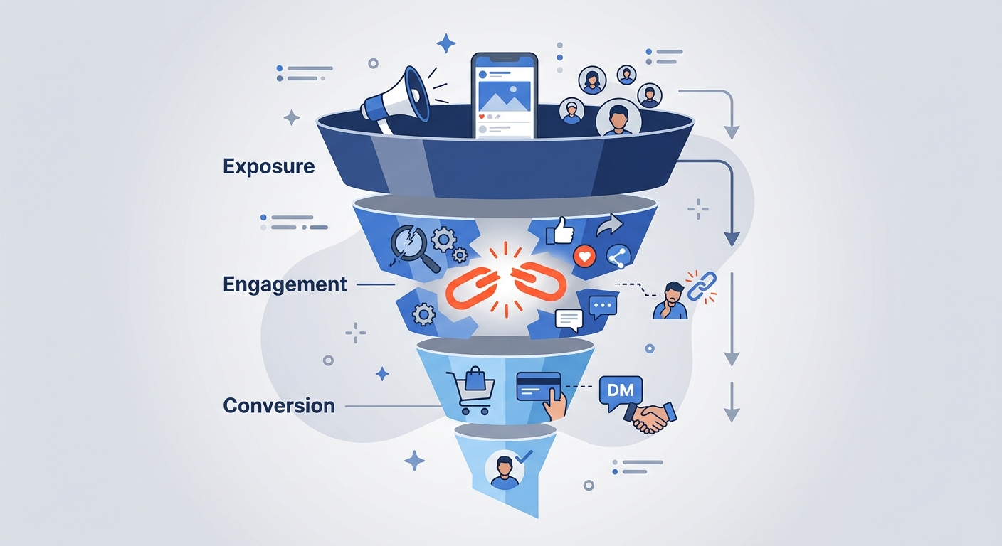 社媒数据漏斗示意图：从内容曝光到用户意图再到询盘转化，中间环节标注为"数据断层"