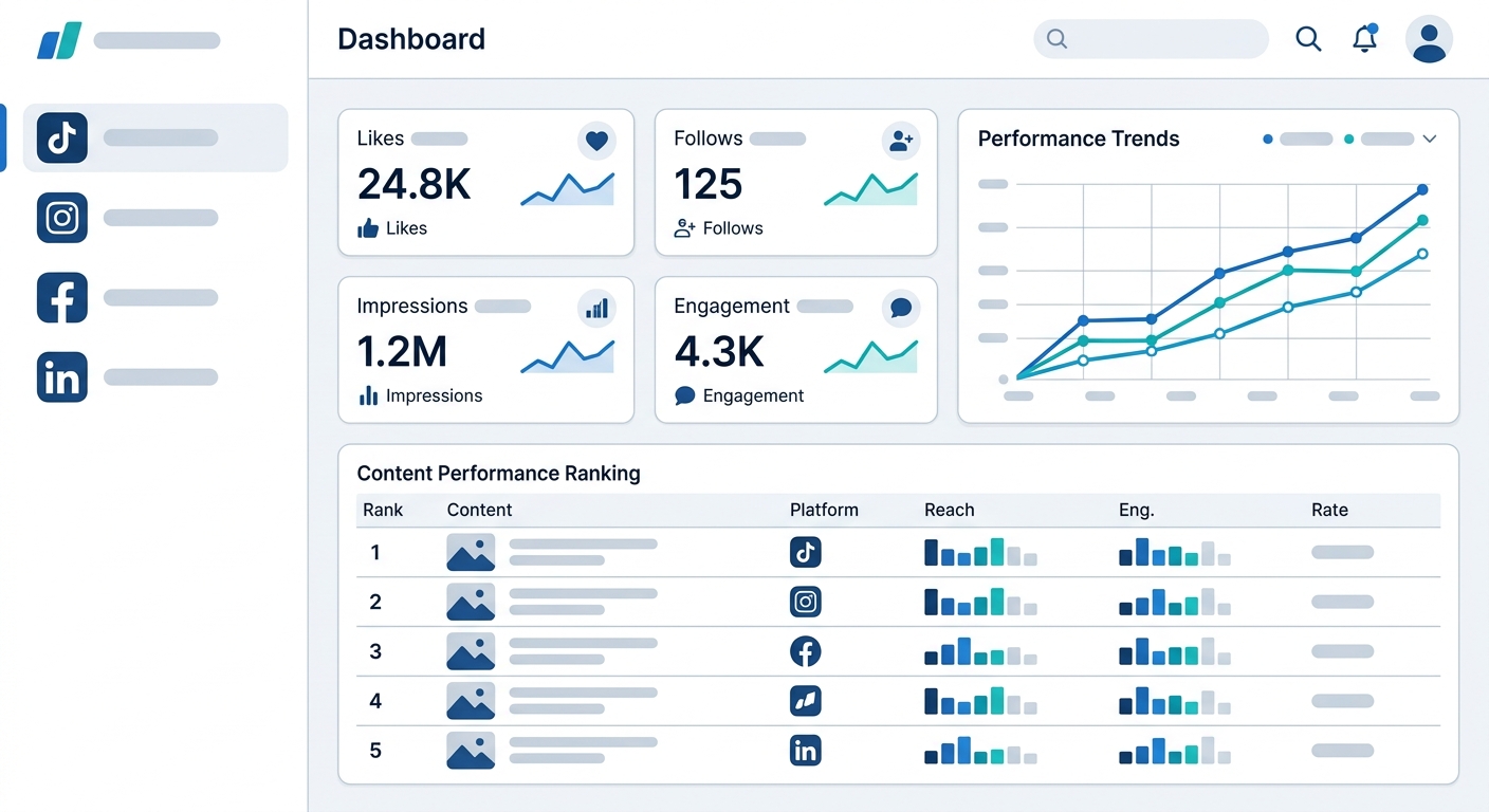 SocialEcho数据看板截图示意：左侧平台列表，中间核心数据卡片，右侧趋势折线图，底部内容排行榜