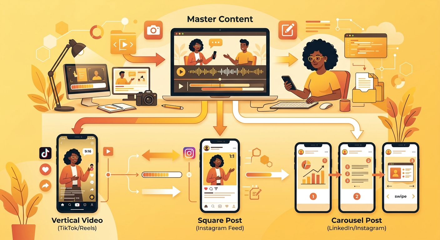 同一素材适配不同格式，分平台发布排期的工作流示意图