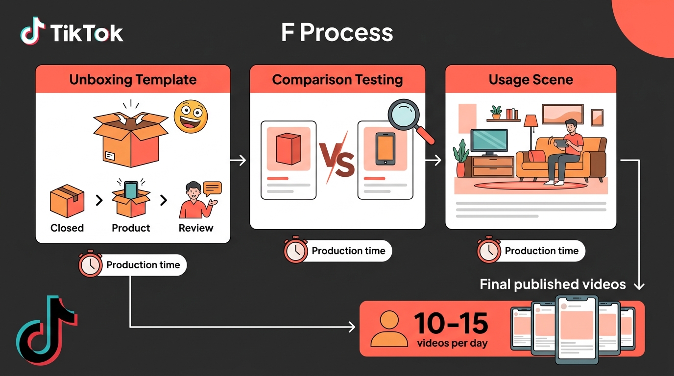 内容生产三模板工作流:开箱/对比测评/使用场景,日产量10-15条视频示意图