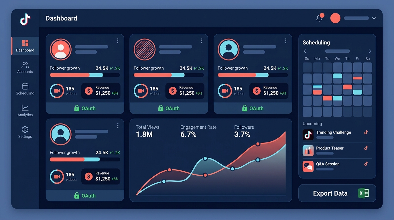 多账号管理后台统一看板:3-5个TikTok账号数据对比与内容排期管理界面