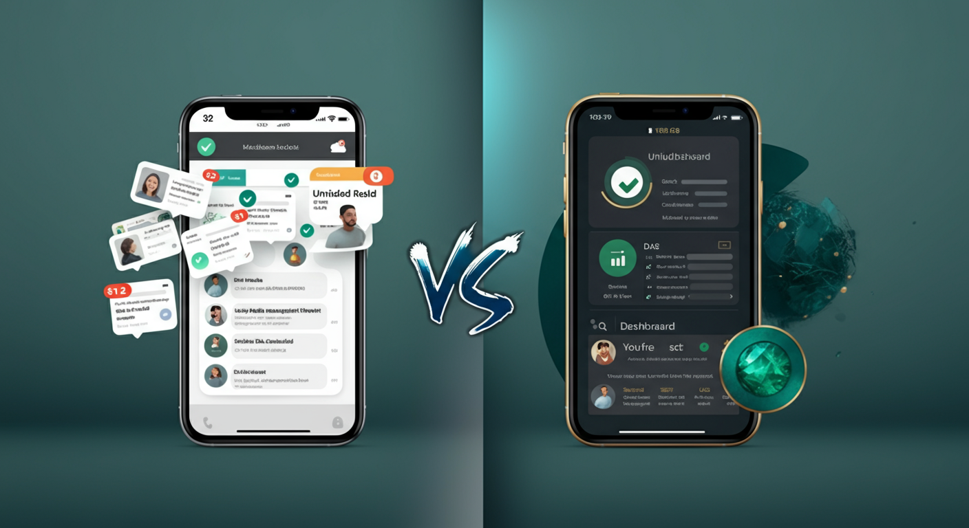 Comparison - Left: chaotic scattered multi-platform data vs Right: unified green-themed data dashboard
