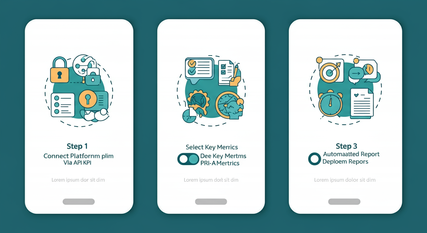 Step diagram - Three-step process: Connect Platforms â Select Metrics â Set Auto Reports