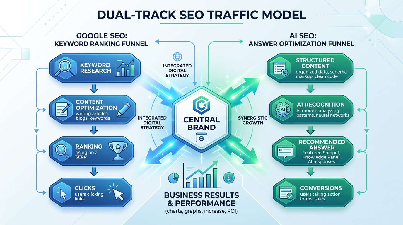 Content Image 1: Google Search + AI Search dual-track traffic model